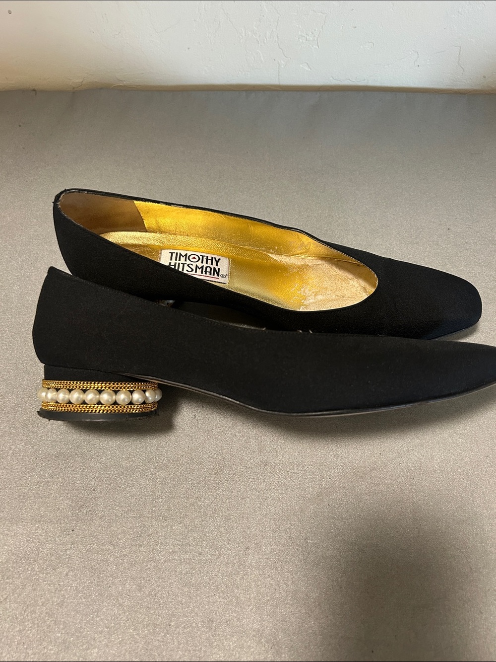 Timothy Hitsman Black Pumps with Pearl-Embellished Gold Heel- Y2K style